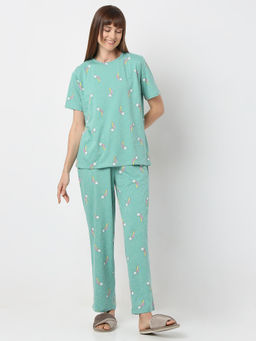 Smarty Pants - Womens Cotton Lycra Sea Green Star Print T-shirt and Pyjama (Set of 2)