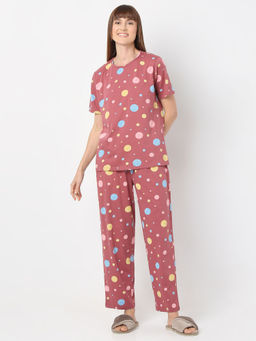 Smarty Pants - Womens Cotton Lycra Dusty Rose Pink Dot Print T-shirt and Pyjama (Set of 2)