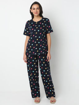 Smarty Pants - Womens Cotton Lycra Navy Blue Printed T-shirt and Pyjama (Set of 2)