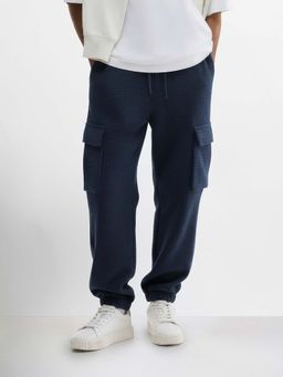 The Indian Garage Co - Men Loose Fit Texture Mid-Rise Blue Joggers