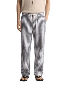 The Indian Garage Co - Men Loose Fit Vertical Striped Mid-Rise Cream Trouser