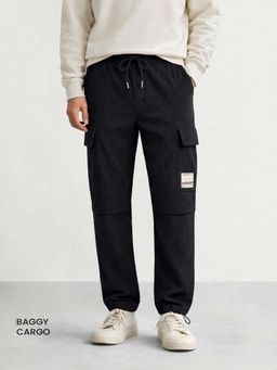 The Indian Garage Co - Men Baggy Fit Textured Mid-Rise Black Cargo