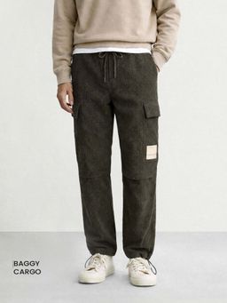 The Indian Garage Co - Men Baggy Fit Textured Mid-Rise Olive Cargo