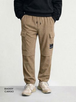 The Indian Garage Co - Men Baggy Fit Textured Mid-Rise Grey Cargo