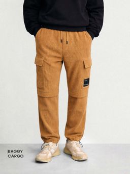 The Indian Garage Co - Men Baggy Fit Textured Mid-Rise Khaki Cargo