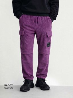 The Indian Garage Co - Men Baggy Fit Textured Mid-Rise Purple Cargo