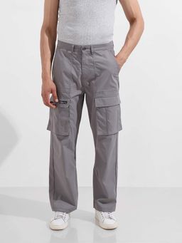 The Indian Garage Co - Men Relaxed Fit Textured Mid-Rise Grey Cargo