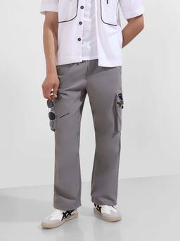 The Indian Garage Co - Men Baggy Fit Textured Mid-Rise Grey Cargo