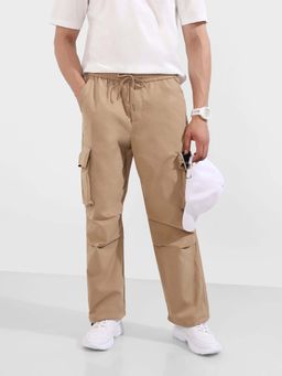 The Indian Garage Co - Men Baggy Fit Textured Mid-Rise Khaki Cargo