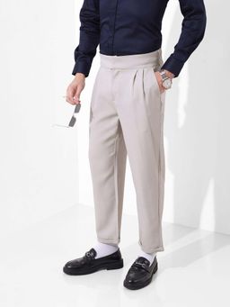 The Indian Garage Co - Men Regular Fit Solid Mid-Rise Gurkha Grey Trouser