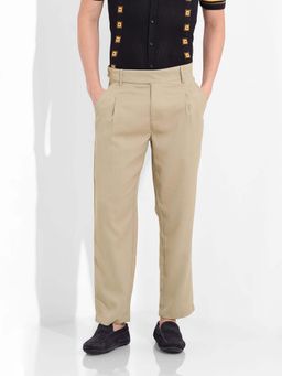 The Indian Garage Co - Men Regular Fit Solid Mid-Rise Gurkha Khaki Trouser