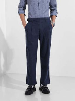 The Indian Garage Co - Men Relaxed Fit Textured Mid-Rise Gurkha Navy Blue Trouser