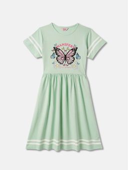 R&B - Green Printed Round Neck Dress