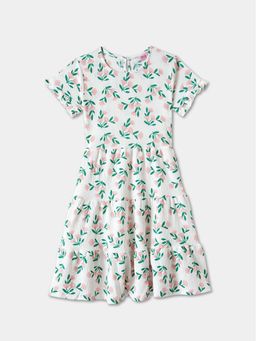 R&B - White Printed Round Neck Dress