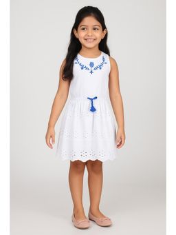 Miyo - Girls White Embroidered Schiffli Fit and Flare Dress