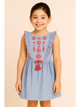 Miyo - Girls Blue Stripes Embroidered Ruffle Dress