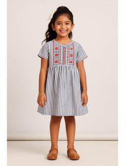 Miyo - Girls Blue and White Stripes Embroidered Dress