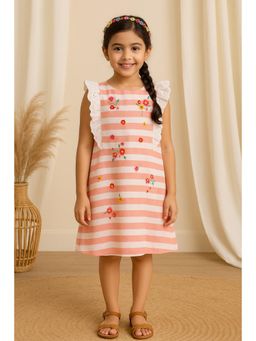 Miyo - Girls Peach Stripes Embroidered Ruffle Dress
