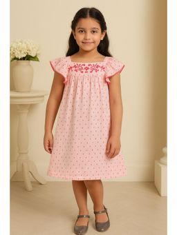 Miyo - Girls Pink Printed Embroidered Dress