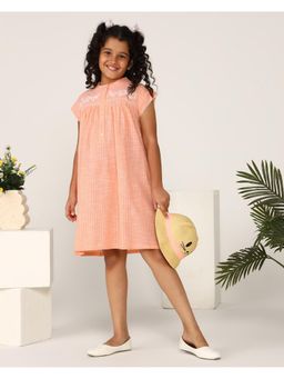 Miyo - Girls Peach Stripes Embroidered Dress