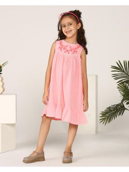 Miyo - Girls Pink Stripes Embroidered Dress