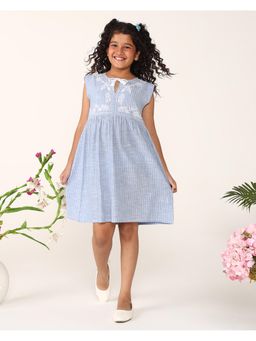 Miyo - Girls Light Blue Stripes Embroidered Dress