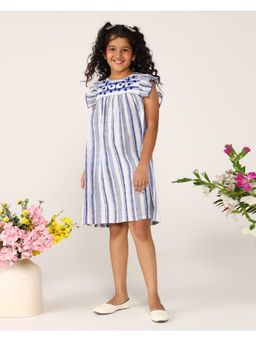 Miyo - Girls Blue Stripes Embroidered Dress