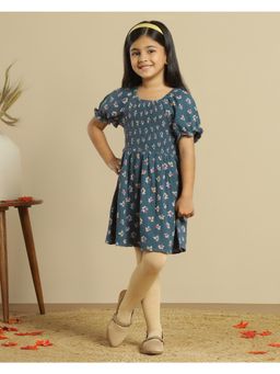 Miyo - Girls Teal Blue Floral Smocked Dress