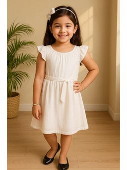Miyo - Girls White Solid Gathered Dress with Belt