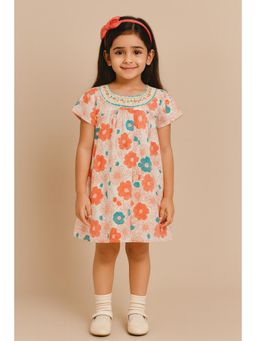 Miyo - Girls Peach Floral Printed A-Line Dress