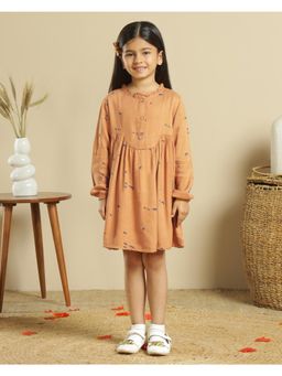 Miyo - Girls Tan Bird Printed Gathered Dress