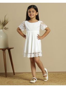 Miyo - Girls Off White Net Lace Border Party Dress