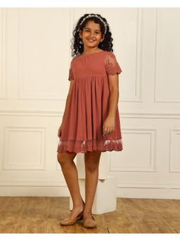 Miyo - Girls Onion Pink Lace Insert Gathered Dress