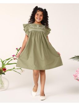 Miyo - Girls Olive Green Embroidered Gathered Dress