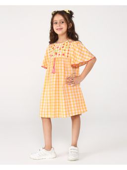 Miyo - Girls Yellow Gingham Embroidered Dress