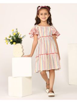 Miyo - Girls Multi Stripes Embroidered Cut-Out Dress