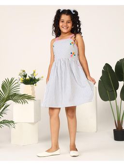 Miyo - Girls Blue Stripes Embroidered Strap Dress