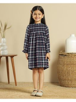 Miyo - Girls Navy Blue Checks Smocked Dress