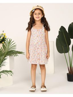 Miyo - Girls Off White Floral Front Button Strap Dress
