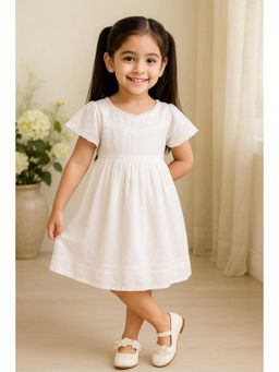 Miyo - Girls Off-White Lace Insert Gathered Dress