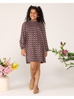 Miyo - Girls Maroon Smocked Floral Dress