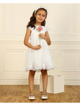 Miyo - Girls White Net Lace Border Party Dress