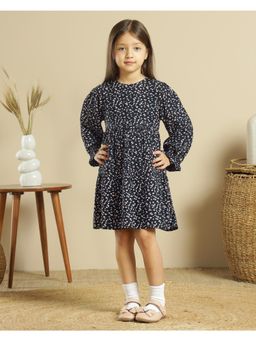 Miyo - Girls Navy Blue Floral Tiered Dress
