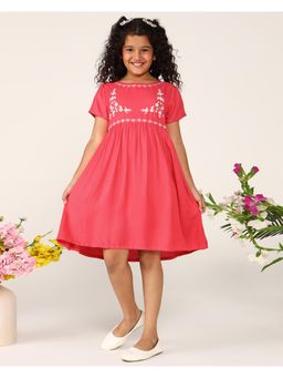 Miyo - Girls Dark Pink Embroidered Gathered Dress