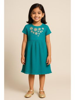 Miyo - Girls Teal Floral Embroidered Pleated Dress