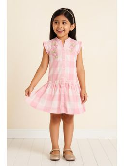 Miyo - Girls Pink Checks Embroidered Shirt Dress