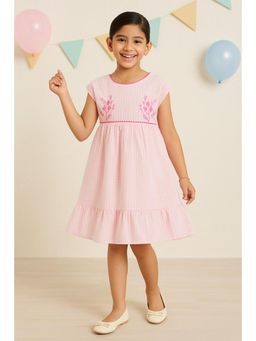 Miyo - Girls Pink Checks Embroidered Fit and Flare Dress
