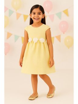 Miyo - Girls Yellow Textured Fit and Flare Floral Applique Dress