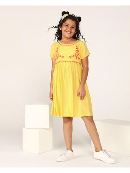 Miyo - Girls Yellow Embroidered Fit and Flare Dress