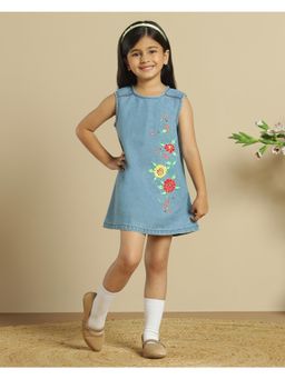 Miyo - Girls Blue Denim Embroidered A-Line Dress